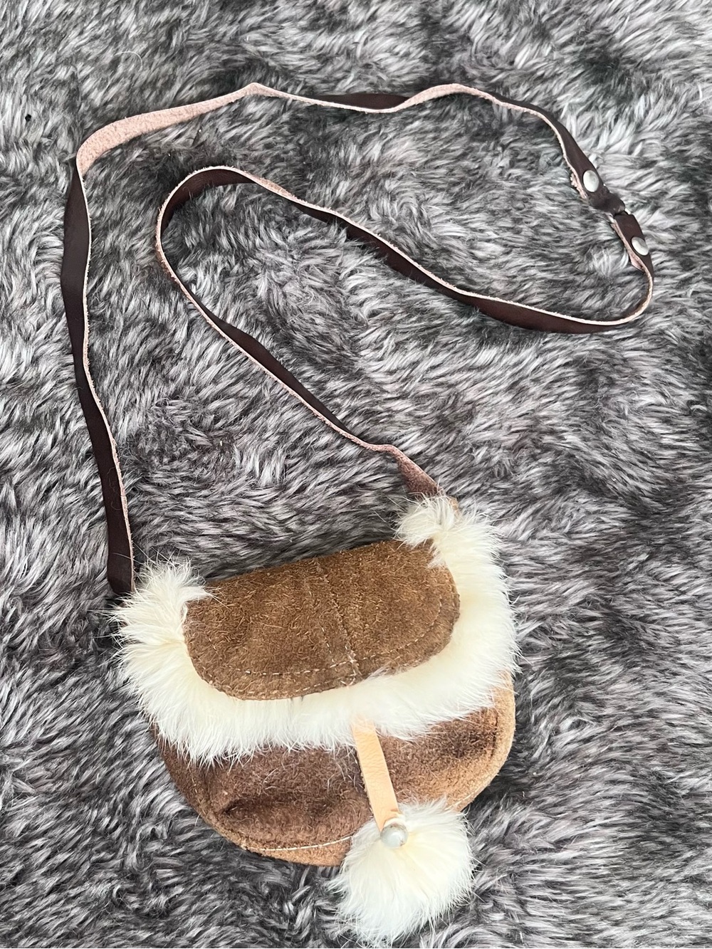 Faux Shearling Brown Crossbody Bag with Cream Trim